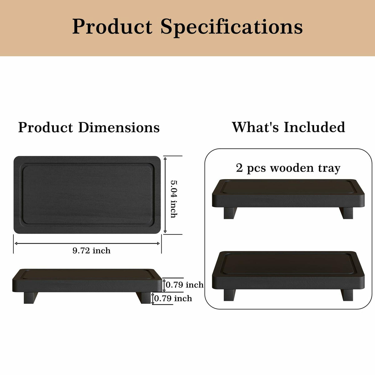 Set of 2 Small Black Wooden Vanity Trays for Counter Décor


